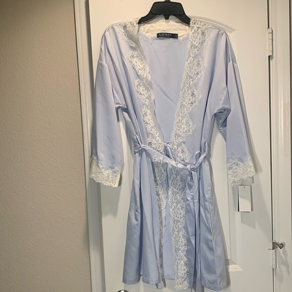 Ralph Lauren Robe Short Wrap Blue Lace Trimmed Size Small New - Picture 1 of 8